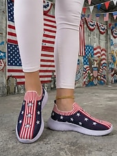  Damröda blå stickade sneakers med amerikansk flagga, lätta, andningsbara slip-on-gångskor för 4 juli, patriotiska evenemang, USA:s 250-årsjubileum &vardagskläder
