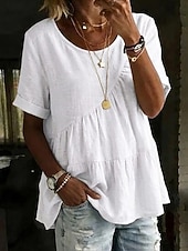 お買い得  エッセンシャルフェイクシャツ-女性用 Tシャツ フェイクリネンシャツ ティートップ フリル 平織り ファッション スタイリッシュ クラシック 半袖 クルーネック レギュラートップス 日常 お出かけ 週末 ブルー ブラック ホワイト イエロー ピンク 夏 春