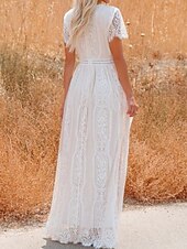 cheap White Lace Dresses-Women's Maxi Dress White Lace Dress Elegant Fashion Modern Outdoor Vacation Going out Regular Fit Plain Short Sleeve V Neck White Summer Spring