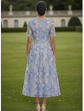 abordables Longueur de cheville-Ligne A Robe Longueur cheville Longueur thé Robe en Dentelle Robe de Cocktail Robe de Mère de Mariée  Manche Courte Demi Manches Col Bateau Élégant ancien Luxueux robe demoiselle d honneur Semi-Formel
