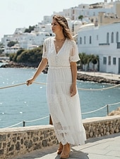 preiswerte Weiße Spitzenkleider-Damen abendkleider Spitzenkleid Schaukelkleid Maxikleid Weiß Kurzarm Einfarbig Spitze Frühling Sommer V Ausschnitt Boho 2023 S M L XL