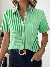 voordelige Strepen- en Geometrische Blouses-Dames Overhemd Knop Afdrukken Grafisch Geometrisch Vintage Stijlvol Modern Korte mouw Overhemdkraag Normale tops Dagelijks Kantoor blauw Blozend Roze Paars Groen Zomer Lente