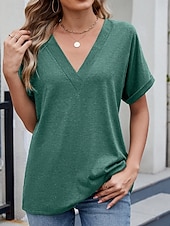 お買い得  プレーンTシャツ-女性用 Tシャツ ティートップ 平織り ファッション スタイリッシュ クラシック 半袖 Ｖネック レギュラートップス 日常 お出かけ 週末 ブラック ホワイト ピンク ワイン ネイビーブルー 夏 春