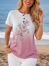 ieftine tricou floral-Pentru femei Tricou Imprimeu Nasturi de piept Floral Grafic Stilat Modern Casual Manșon scurt Henley Topuri obișnuite Zilnic Albastru piscină Galben Roz Îmbujorat Mov Trifoi Vară Primăvară