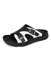 abordables Men-Men's Black and White Double Strap Slide Sandals Open-Toe Comfort Casual Slippers for Resort &amp; Poolside, Beach Vacation, Poolside Relaxing, Travel, Outdoor Leisure and Summer Everyday Wear