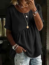 お買い得  エッセンシャルフェイクシャツ-女性用 Tシャツ フェイクリネンシャツ ティートップ フリル 平織り ファッション スタイリッシュ クラシック 半袖 クルーネック レギュラートップス 日常 お出かけ 週末 ブルー ブラック ホワイト イエロー ピンク 夏 春