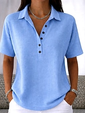  חולצת טוניקה עם כפתורים לנשים עם דפוס וופל צבע אחיד עיצוב רטרו קלאסי עם שרוול קצר וכהי צוואר רגיל יומיומית לבן ורוד כחול בהיר קיץ אביב