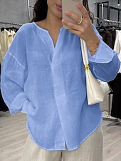 preiswerte Hemden-Damen Bluse Baumwollhemd Einfarbig Täglich Stilvoll Basic Langarm V Ausschnitt Normale Oberteile Täglich Blau Weiß Gelb Rosa Grün Sommer Frühling Herbst