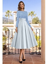 economico Abiti da cocktail-Linea ad A Lunghezza Tè Abiti da Cocktail Abiti da festa Elegante Brillanti Manica Lunga Girocollo Natale Ospite di nozze Raso Velluto con Pieghe Paillettes