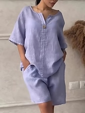 baratos Conjuntos Co-ord Falsos Essenciais-Conjunto feminino de shorts em linho sintético com estampa de algodão, manga 3/4, decote em V, cor sólida, estilo streetwear, casual, para uso diário, em tons de azul, branco e rosa, ideal para o