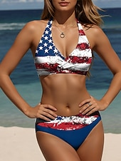  Mujer Bañadores Bikini Slips Traje de baño Vacaciones Moda Graphic Bandera Cuello halter Sin Mangas Trajes de baño