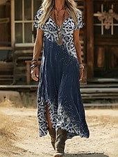 お買い得  エスニックボヘミアンドレス-女性用 マキシドレス 自由奔放に生きるドレス カジュアルドレス A ラインドレス プリントドレス ヴィンテージ アウトドア バケーション 週末 ルーズフィット グラフィック 半袖 Ｖネック ブラック イエロー ライトグリーン ピンク 夏 春