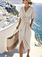 economico Vestito bianco-Per donna Abito Midi Vestito Estivo Vestito Casual Vacanza Casual Boho Spiaggia Feste Data Vestibilità regolare Semplice Manica Corta Scollo a V Blu Cachi Beige Estate Primavera