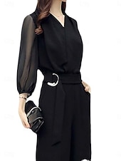 cheap Jumpsuits-Women's Normal Jumpsuit Active Solid Color Long Sleeve Wide Leg V Neck Patchwork Daily Vacation Regular Fit Black Summer
