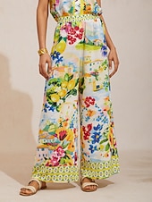 economico pantaloni da donna-pantaloni a gamba larga effetto lino leggero, perfetti per le vacanze in un giardino di agrumi.