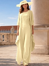 voordelige Broekpakken van mama-Broek 3-delig pak Tot de grond Moeder van de bruid jurk Mouwloos Ronde hals Elegant Grote maten Formeel Bruiloft gast Chiffon Kant met Appliqués