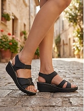 Недорогие Сандалии на танкетке-женские босоножки на танкетке с регулируемыми ремешками-липучками – удобная летняя обувь для прогулок и повседневной носки