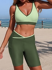 billige Tankinier-Dame Badetøy Tankini 2 stk Shorts Badedrakt Midjekontroll Høy Midje Tynn Åpen rygg Ferie Strand Klær Helfarge V-hals Ermeløs Badedrakter