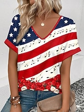  día de la independencia americana Mujer Camiseta Bloque de Color Estampado Graphic Bandera Vintage Elegante Clásico Manga Corta Escote en Pico Tops regulares Diario Fin de semana Ropa de vacaciones