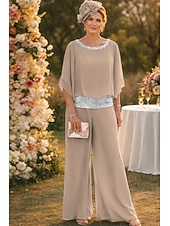 billiga Mammas byxdräkter-Tvådelad Byxor Golvlång Klänning till brudens mor Halvlång ärm Båthals Elegant Vintage Enkel Bröllopsgäst Helgdag Formell kväll Chiffong med Paljett