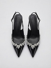 baratos sapatos slingback-Women's Chic Black Patent Pointed Toe Slingback Pumps -  Stiletto Heels with Crystal Embellishments for Daily Office, Business Casual &amp; Elegant Evening Outings