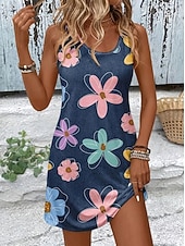 abordables Vestidos florales-Mujer Mini vestido Vestido de verano Vestido de una línea Vacaciones Casual Boho Playa Fiesta Boda Delgado Floral Graphic Sin Mangas Escote en U Azul Piscina Celeste Claro Verano Primavera