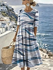 ieftine Rochii casual florale-Pentru femei Rochii Midi Rochie de schimb Vacanță Casual Boho Zilnic Rochie de vară Rochie de primăvară Fit regulat Floral Grafic Lungime Manșon 3/4 Stil Nautic Albastru piscină Alb Verde Deschis