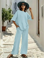 cheap Sets-15% Linen Women's Pants Sets Linen Sets Basic Pure Color Pocket Elastic Waist T Shirt Pant Daily Street Long Sleeve Crew Neck Blue Black White Navy Blue Light Brown Summer Spring