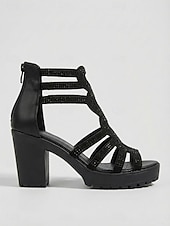 voordelige Hakken Sandalen-Elegante zwarte sandalen met blokhak voor dames - sprankelende hoge hakken met strass-steentjes en platformzool. &amp;Antislipzool voor kantoorwerk en zakelijke banketten. &amp;professionele evenementen