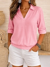 economico Camicie-Per donna Camicie effetto lino Blusa Camicia in finto lino Tinta unica Quotidiano Elegante Essenziale Manica Lunga Scollo a V Top Regolari Quotidiano Blu Bianco Rosa Grigio Estate Primavera Autunno