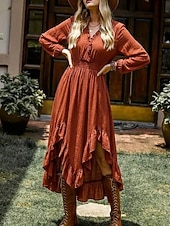 abordables Vestido Boho Occidental-Mujer Vestido Midi Vestido bohemio Vestido occidental Moda Moderno Exterior Vacaciones Festivos Ajuste regular Plano Manga Larga Escote en Pico Naranja Verano