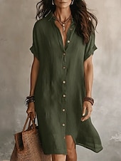 cheap Dresses-Women's Mini Dress Linen-feel Dresses Shift Dress Summer Dress Casual Daily Loose Fit Plain Short Sleeve Lapel Blue Black Wine Army Green Summer Spring Fall