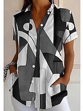  Koszulka Damska Krótki Rękaw Graficzna Geometria Vintage Codzienna Stylowa Koszulka Kołnierzyk Regularne Topa Codzienne Czarny i Biały Czarny Biały Żółty Różowy Lato Wiosna