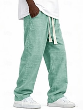 cheap Classic-Men's Linen Pants Trousers Summer Pants Baggy Pants Pocket Elastic Waist Straight Leg Solid Color Comfort Comfortable Full Length Casual Daily Holiday Vacation Fashion Blue Black Inelastic