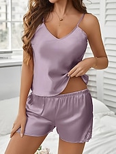 preiswerte Damen Nachthemden und Sleepshirts-Damen Schlafanzug Freizeitkleidung Lässig Einfarbig Spitze Elastischer Bund Rückenfrei Shorts Urlaub Straße Date Ärmellos V Ausschnitt Rosa Rote Purpur Grün Beige Sommer Frühling Normale Passform