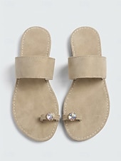 abordables Sandalias deslizantes-Elegantes sandalias planas de ante color camel para mujer: cómodas sandalias con tira entre los dedos y una joya de cristal extragrande, ideales para viajes en yate de lujo y escapadas a islas. &amp;ropa