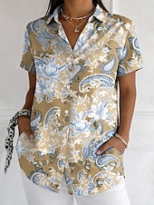 baratos Arte &amp; Design Blusas-Mulheres Camisa Social Botões Imprimir Gráfico Estampado Cashemere Vintage à moda Moderno Manga Curta Colarinho de Camisa Tops regulares Diário Azul Roxo Verde Cáqui Verão Primavera