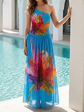 baratos Fatos de Banho 1 Peça-Mulheres Roupa de Banho 2 partes Monoquíni Saia roupa de banho Compressão abdominal Cintura Alta Delgado Frente Única Férias Roupa de Praia Floral Pescoço Assimétrico Sem Manga Fatos de banho