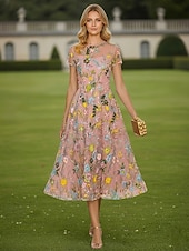 cheap Tea Length-A-Line Tea Length Cocktail Dresses Elegant Floral Short Sleeve Crew Neck Garden Party Wedding Lace with 3D Flowers Embroidery Appliques