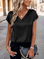preiswerte Einfache Blusen-Damen Satin-Top Bluse Einfarbig Stilvoll Basic Lässig Kurzarm V Ausschnitt Normale Oberteile Täglich Blau Schwarz Weiß Champagner Rote Sommer Frühling Herbst