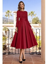 economico Abiti da cocktail-Linea ad A Lunghezza Tè Abiti da Cocktail Abiti da festa Elegante Brillanti Manica Lunga Girocollo Natale Ospite di nozze Raso Velluto con Pieghe Paillettes