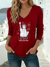 billiga Självständighetsdagen Topp-Amerikanska självständighetsdagen Dam T-shirt T-tröja Mönster Grafisk Mode Modern Ledigt Långärmad V-hals Vanliga toppar Dagligen Utekväll Helgen Blå Svart Vit Vin Armégrön Vår Höst