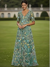  А-силуэт Платья В пол Платье для вечеринки Коктейльные платья Платье для матери невесты Рукав до локтя V-образный вырез Элегантный стиль Винтаж Роскошный Официальные Свадебный гость Дерби в Кентукки