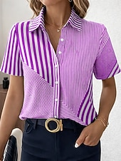 voordelige Strepen- en Geometrische Blouses-Dames Overhemd Knop Afdrukken Grafisch Geometrisch Vintage Stijlvol Modern Korte mouw Overhemdkraag Normale tops Dagelijks Kantoor blauw Blozend Roze Paars Groen Zomer Lente