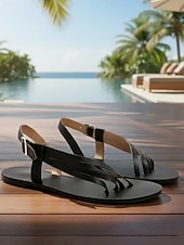 Недорогие Плоские сандалии-женские черные босоножки с ремешками и кольцом на большом пальце с регулируемой пряжкой — удобные летние туфли на плоской подошве для повседневной носки