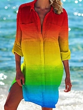 tanie Bluzki Art&amp;Design-Damska sukienka koszulowa z nadrukiem rozgwiazdy, plażowa, zapinana na guziki, z długim rękawem i kieszenią, na co dzień – letnie wakacje