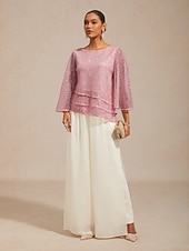 preiswerte Spitzenoberteile-Damen Bluse Spitzentops Durchsichtige Ärmel Einfarbig Elegant Stilvoll Basic Dreiviertelarm Glockenärmel Rundhalsausschnitt Lange Oberteile Täglich Hochzeitsgast Urlaubskleidung Pudriges Rosa Sommer