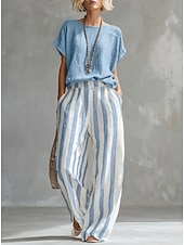baratos Conjuntos-Mulheres Conjunto com toque de linho Conjuntos de calças Manga Curta Gola Redonda Gráfico Listrado Moda Roupa de rua Casual Diário Ao ar livre Azul Preto Amarelo Primavera Verão Ajuste Largo