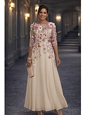 preiswerte Bodenlänge-A-Linie Bodenlang Spitzenkleid Brautmutterkleid Langarm Rundhalsausschnitt Illusionsausschnitt Elegant Vintage Formell Hochzeitsgast Hochzeitsfeier Chiffon Spitze mit Blumenmuster 3D-Blumen Stickerei