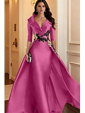 cheap Ball Gown Evening Dresses-A-Line Floor Length Evening Gown Elegant 3/4 Length Sleeve Shirt Collar Formal Satin with Appliques